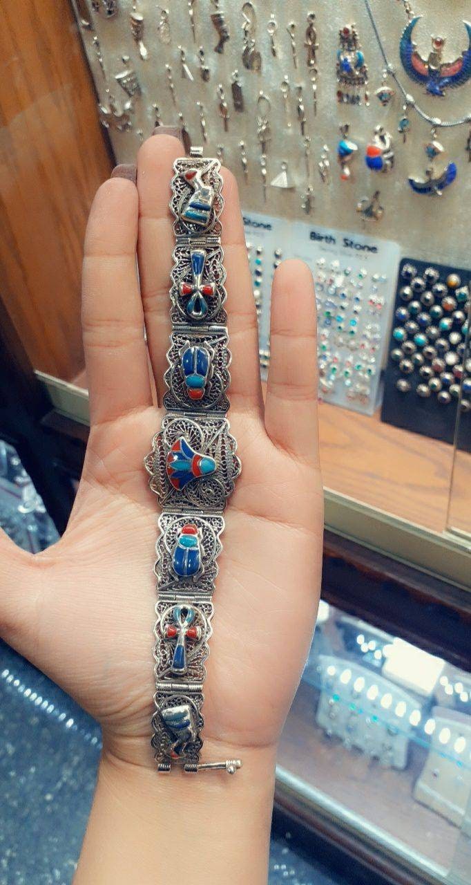 Handmade Egyptian Sterling Silver 925 Filigree Lotus And Scarab Bracelet