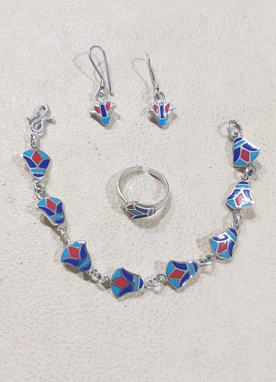 Handmade Egyptian Sterling Silver 925 Lotus Jewerly Sets(Earring-Bracelet-Ring) - Thumbnail 2