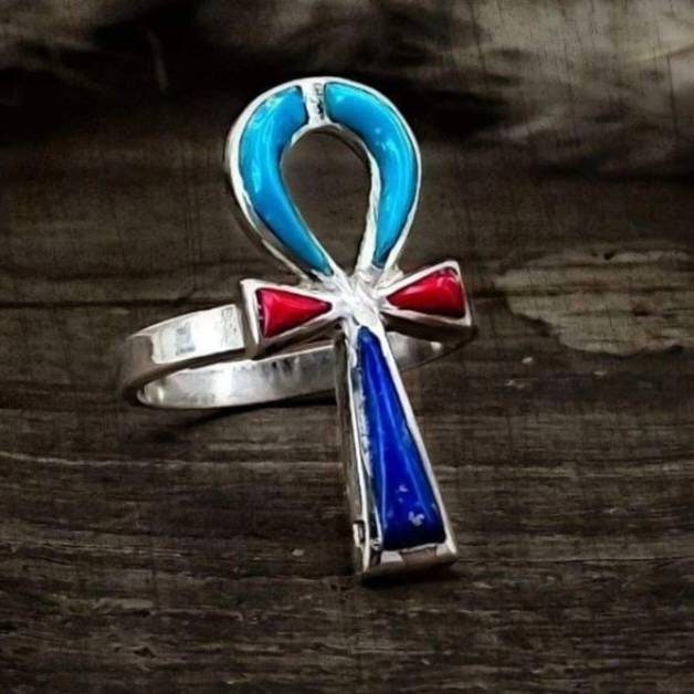 Egyptian Handmade Key of Life Silver 925 Ring With Gemstones, Egyptian Art, Made In Egypt - Thumbnail 4