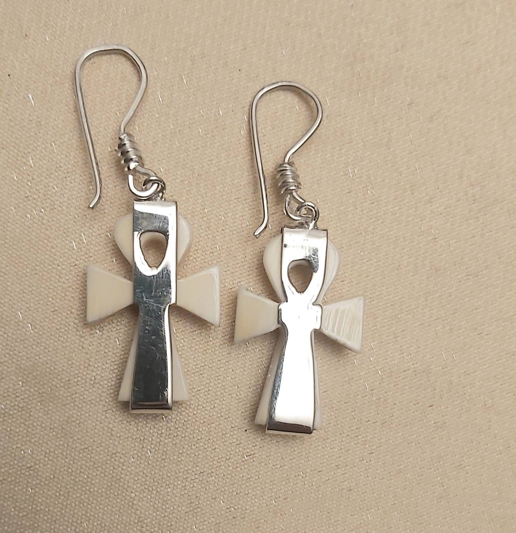 Egyptian Key of life Earring Witg Lotus made of silver 925 And Ivory - Thumbnail 4