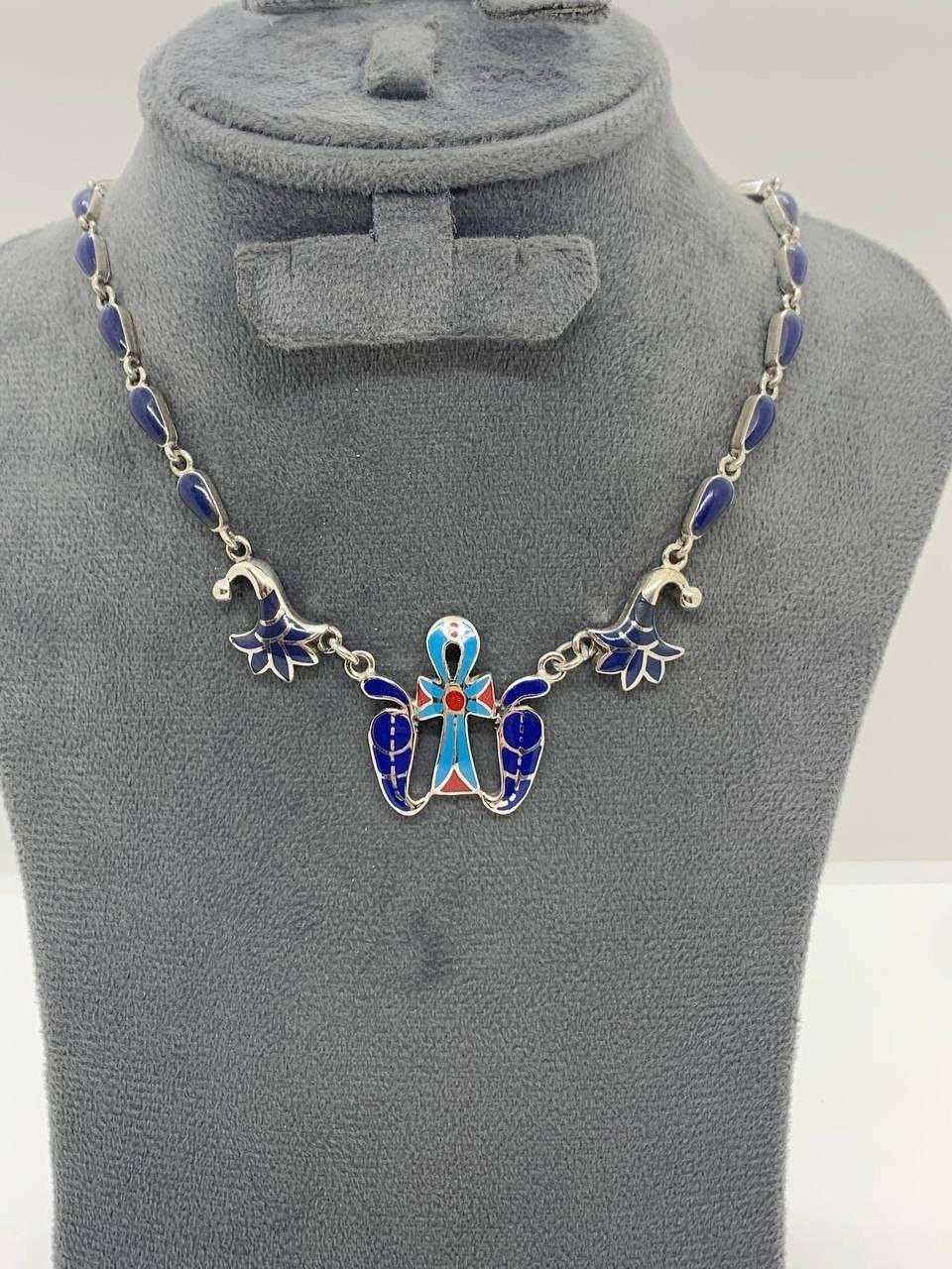 Handmade Egyptian Sterling Silver 925 Key of life With Double Sided Cobra and Lotus Necklace - Thumbnail 2