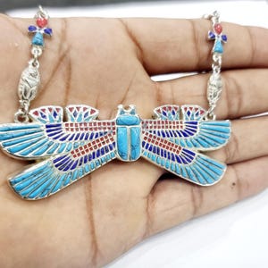 Egyptian Handmade Silver 925 Winged Scarab Necklace,Winged Beetle Khepri Necklace With Gemstones.