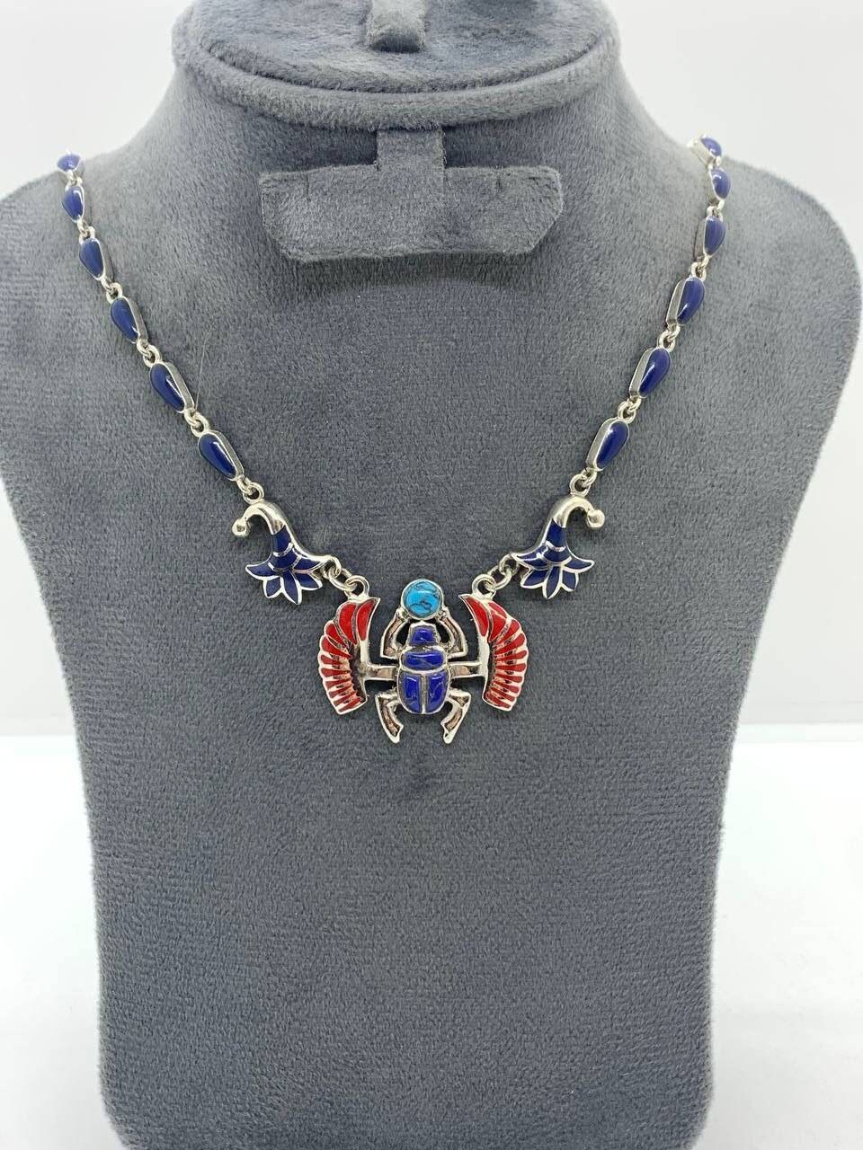 Handmade Egyptian Sterling Silver 925 Wingged Scarab With Lotus Chain Necklace - Thumbnail 2