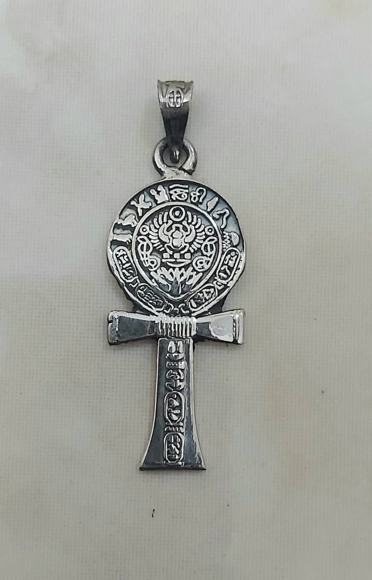Egyptian Handmade Sterling Silver 925 Tutankhamun Ankh Pendant - Thumbnail 2