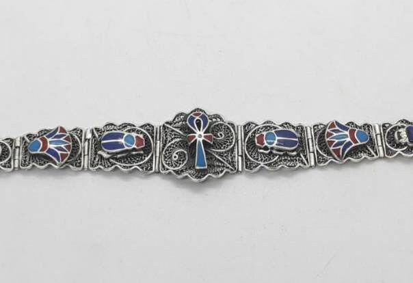 Handmade Egyptian Sterling Silver 925 Filigree Lotus And Scarab Bracelet - Thumbnail 2