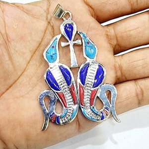 Handmade Silver 925 Double Cobra Ankh Pendant with Gemstones