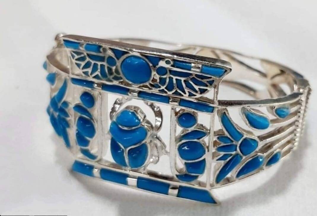 Handmade Silver 925 Scarab Bracelet with Double Sided King Cobra With Natural Gemstones - Thumbnail 2