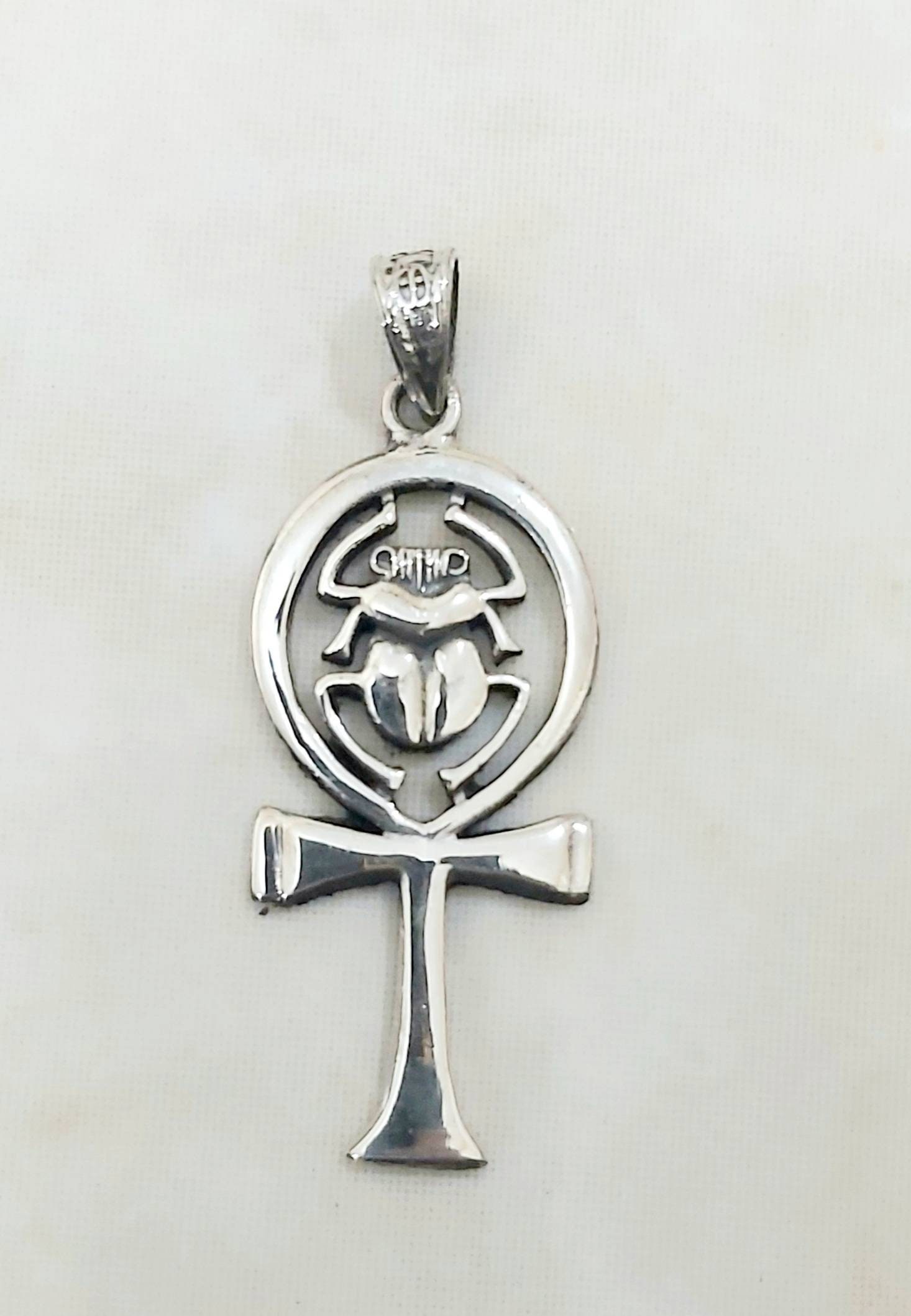 Egyptian Handmade Sterling Silver  925 Pendant Key of Life With Scarab - Thumbnail 2