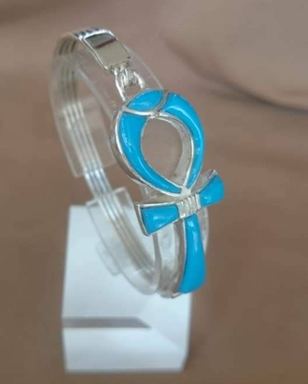 Handmade Egyptian Sterling Silver 925 Ankh Bracelet With Natural Gemstone - Thumbnail 4