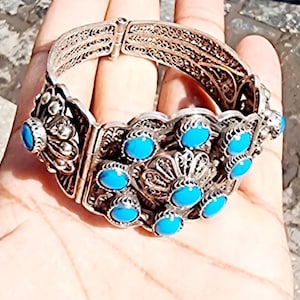 Handmade Egyptian  Silver 925 Oxidized Filigree Bracelet with Turquiose Stone,Egyptian Art Multi Stone Bracelet.