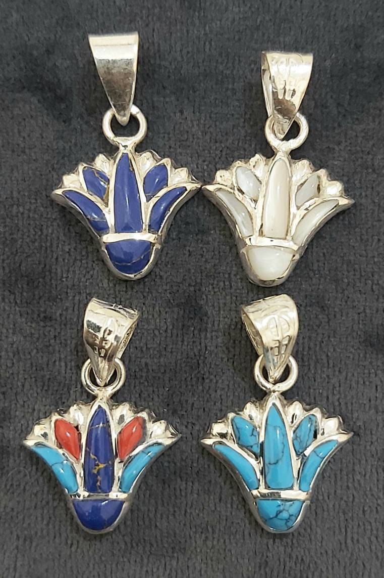Egyptian Handmade Sterling Silver 925 Lotus Flower Pendant With Gemstones - Thumbnail 5