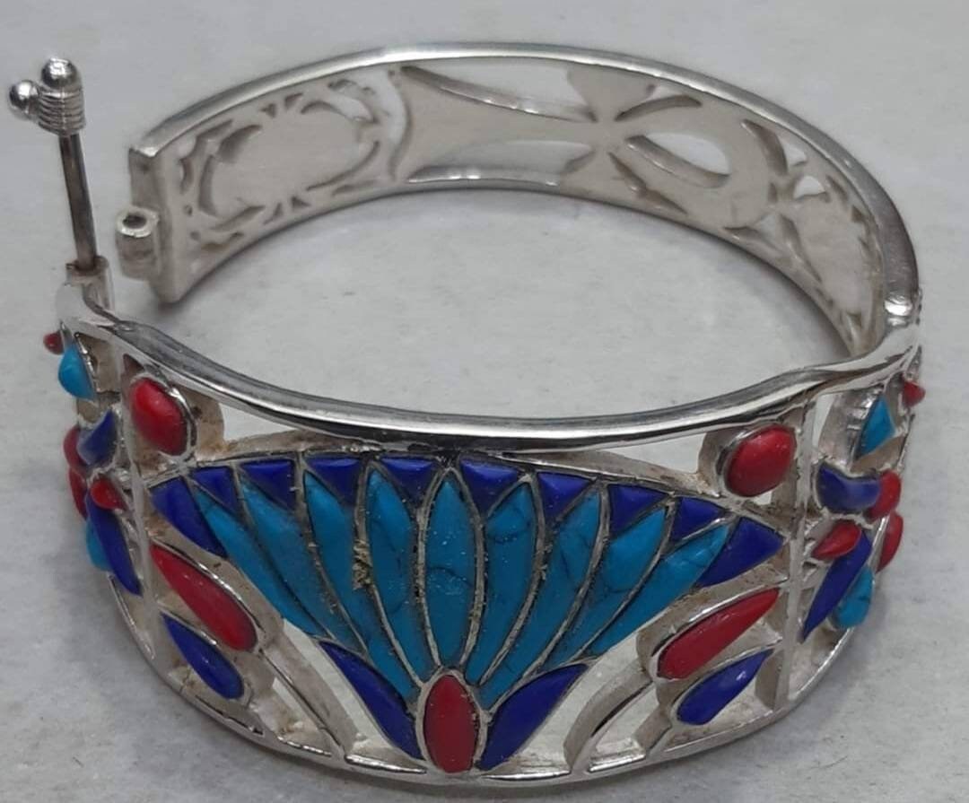 Egyptian Handmade Sterling Silver 925 Lotus Flower Bracelet With Natural Gemstones - Thumbnail 4