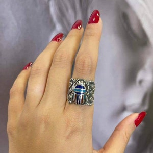 Egyptian Silver 925 Handmade Scarab Ring,Beelte Khepri Ring With Gemstones,Egyptian Art.