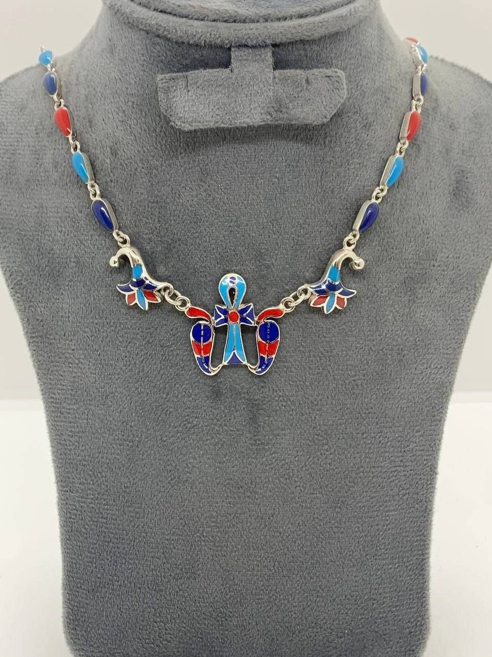 Handmade Egyptian Sterling Silver 925 Key of life With Double Sided Cobra and Lotus Necklace - Thumbnail 5
