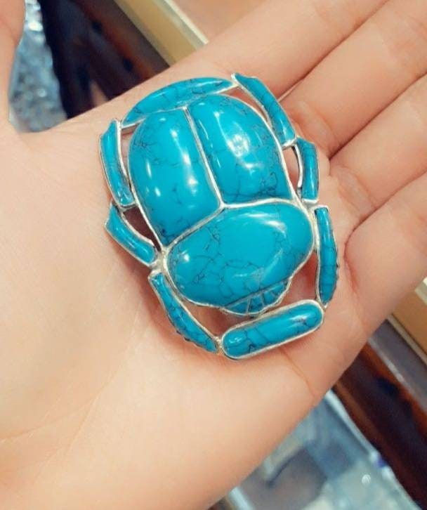 Egyptian Handmade Sterling Silver Scarab Pendant With Gemstone