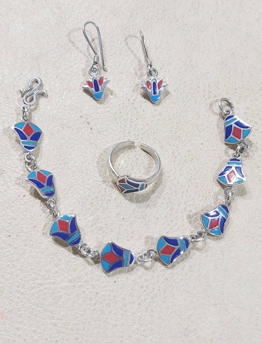 Handmade Egyptian Sterling Silver 925 Lotus Jewerly Sets(Earring-Bracelet-Ring)
