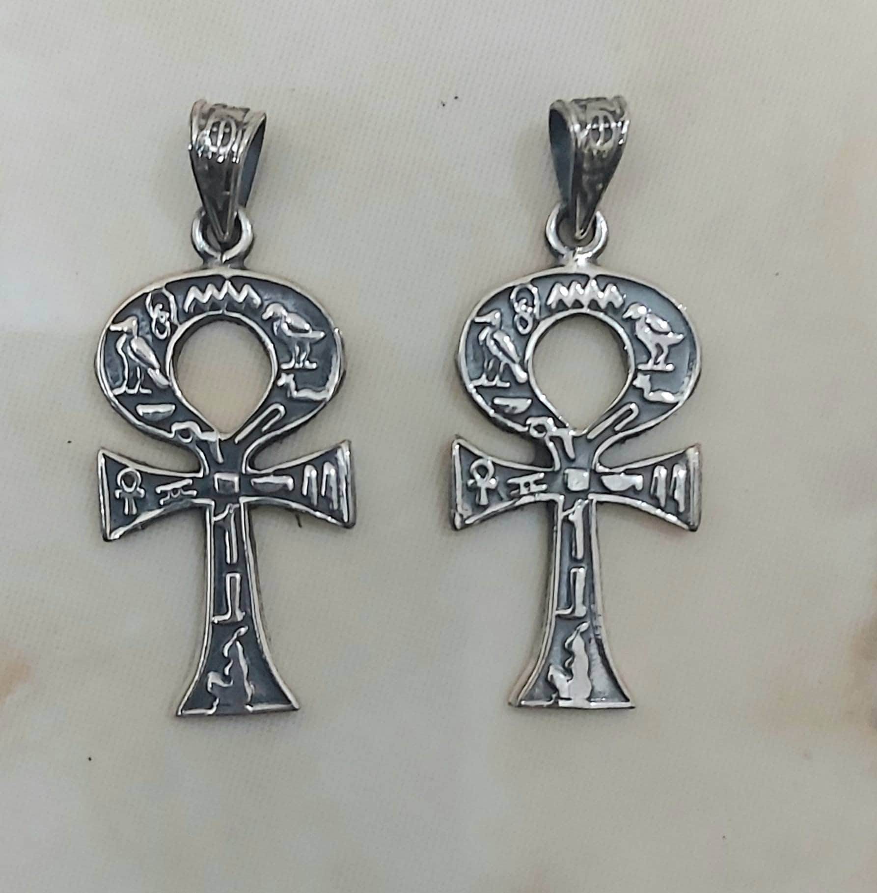 Handmade Egyptian Sterling Silver 925  Oxidized Hierogliphic Ankh - Thumbnail 2