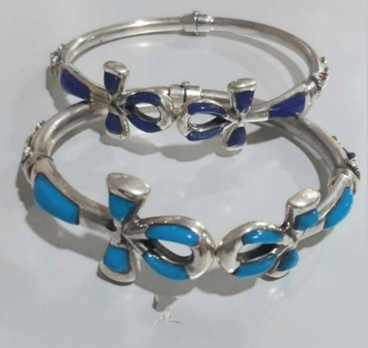 Handmade Egyptian Sterling Silver 925 Double Ankh Bracelet With Gemstone - Thumbnail 2