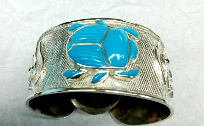 Egyptian Handmade Silver 925 Scarab Bracelet With Double Sided Eye of Horus With Gemstones,World Wide Shipping - Thumbnail 2