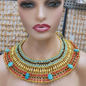Egyptian Beaded Necklace With Blue Scarabs