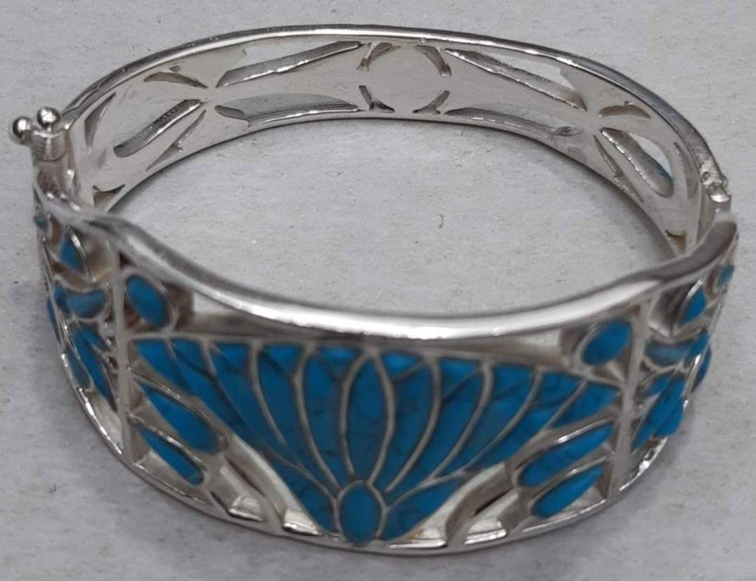 Egyptian Handmade Sterling Silver 925 Lotus Flower Bracelet With Natural Gemstones - Thumbnail 3