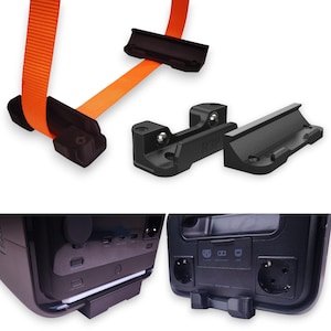 May include: Black mounting brackets with an orange strap, and a power station with various ports and outlets. The brackets are designed to secure the strap to the power station. The power station has multiple ports and outlets for charging devices.