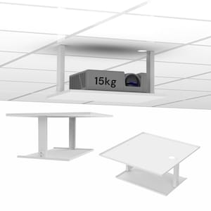 Puede incluir: Soporte de proyector blanco con un proyector de 15 kg. La imagen también muestra dos soportes de proyector blancos, uno rectangular y otro en ángulo, diseñados para la estabilidad y la funcionalidad. Ideal para cines en casa o presentaciones de oficina.
