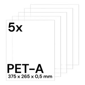 Peut inclure: Une pile de cinq feuilles rectangulaires transparentes PET-A. Le texte "5x" est dans le coin supérieur gauche. En dessous, le texte "PET-A" est affiché, suivi des dimensions "375 x 265 x 0,5 mm".