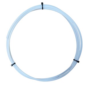 May include: A coiled, pale blue plastic tube, secured with black cable ties at three points. The tube is smooth and flexible, forming a complete circle against a white background. The cable ties are evenly spaced around the circumference.
