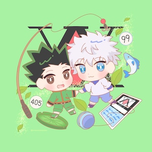 May include: Illustration of two anime-style characters, one with spiky black hair and the other with white hair, holding hands. The image includes a fishing rod, a blue and white striped ball, and a card. Numbers 405 and 99 are also present.