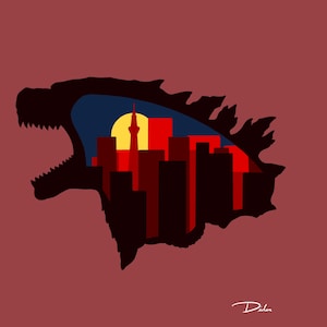 Può includere: Una silhouette di una testa di mostro con un orizzonte urbano al suo interno. La città è rossa e gialla con un edificio alto al centro. La testa del mostro è nera su uno sfondo rosso.