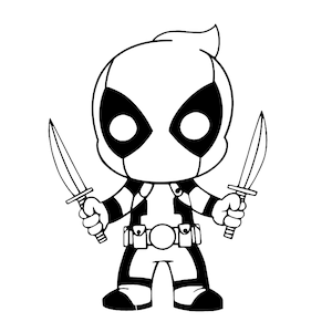 May include: Black and white cartoon illustration of a character holding two swords. The character has a mask with large eye shapes and a distinctive head shape. The character is wearing a utility belt and a suit.