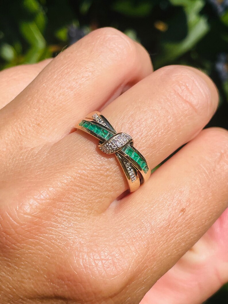 9ct gold emerald and diamond twist ring image 5