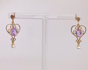 9ct gold amethyst heart and faux pearl drop earrings