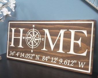 Personalized Wood Carved Home Coordinates Sign with Compass