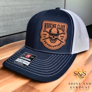 Working Class Revolution, Blue Collar Trucker Hat, Construction worker hat, Leather Patch Hat, Laser Engraved,- Adjustable Snapback