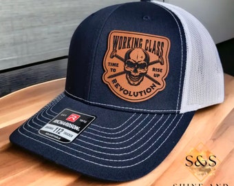 Rewolucja klasy robotniczej, czapka trucker z niebieskim kołnierzykiem, czapka budowlana, czapka ze skóry z naszywką, grawer laserowy, regulowany snapback