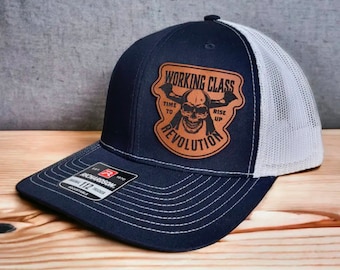 Heavy equipment worker Hat, excavator hat, Working Class Bulldozer, Blue Collar, Leather Patch Hat, Laser Engraved,- Adjustable Snapback