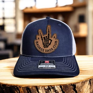 Funny Leather Patch Hat, Design For Dads, Bad Ass Dad&#39;s Club, Richardson 112 Snapback, Gift For Fathers, Engraved Design
