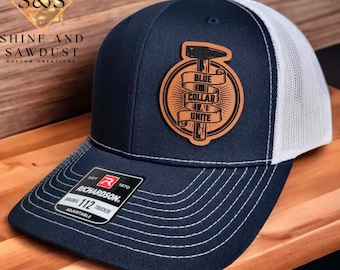 Czapka Trucker Blue Collar, Blue Collar Unite, klasa robocza, skórzana czapka z naszywką, grawerowana laserowo, regulowana z tyłu
