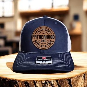 Funny Leather Patch Hat, Design For Dads, Surviving fatherhood One Beer At a Time, Richardson 112 Snapback, Gift For Fathers