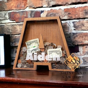 Personalized Wood Letter Bank | Kid&#39;s piggy bank with name | Large wooden coin bank | Gift for Child | Baby Shower Gift | Nursery Decor