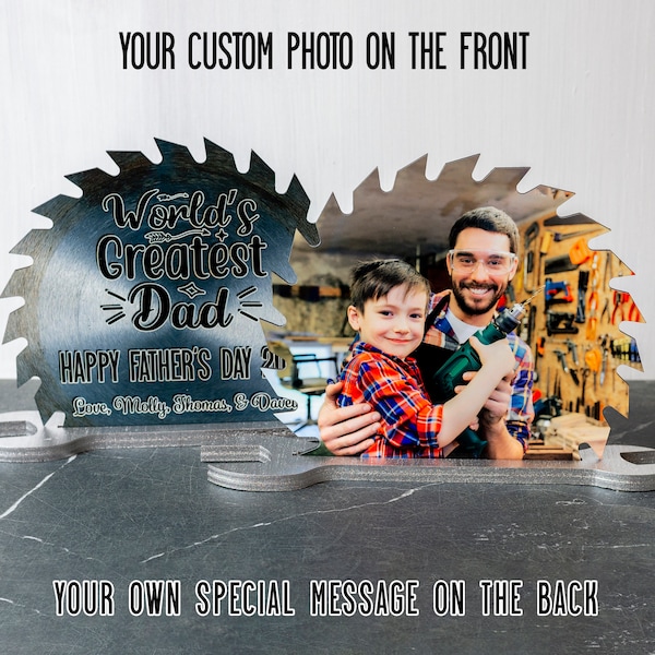 Personalized Sawblade Photograph With Wrench Stand, Custom Father & kids Photo, Father's Day Gift For Dad , Saw blade Photo, Gift For Papa