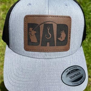 Dad Trucker Hat,  Dad Hat, Fishing Hat, Leather Patch Hat, Laser Engraved,- Adjustable Snapback