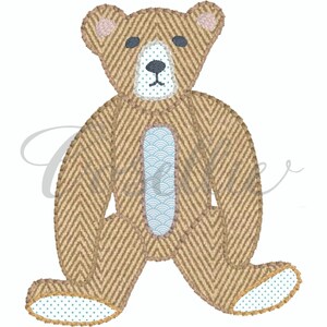 May include: A brown teddy bear with blue and white patterned fabric on its belly. The bear has a brown nose, black eyes, and pink ears.