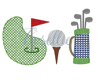 Golf trio sketch embroidery design, Golf embroidery design, Golf, Golf clubs, Golf ball, Golf green, Vintage stitch embroidery design, Quick