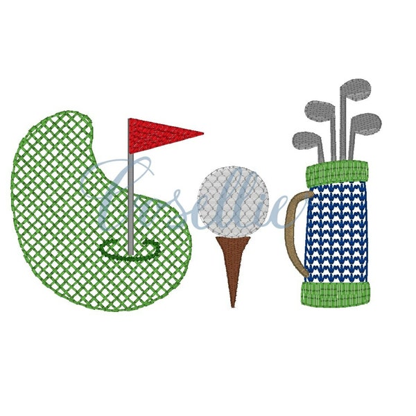 Golf trio sketch embroidery design, Golf embroidery design, Golf, Golf clubs, Golf ball, Golf green, Vintage stitch embroidery design, Quick