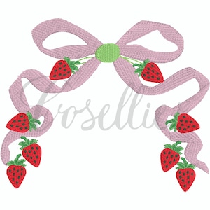 Strawberry bow embroidery design, Strawberry frame, Floral frame, Bow embroidery design, Vintage bow, Name frame, Girly bow