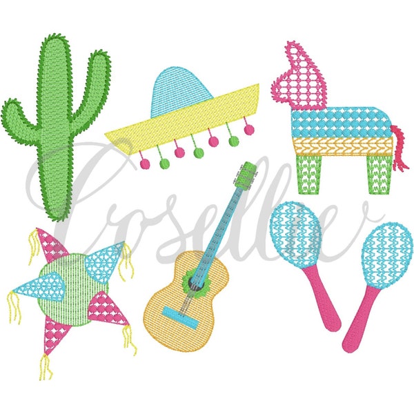 Fiesta build your own embroidery design, Mini fiesta, cactus, sombrero, piñata, maracas, guitar, Birthday, Vintage fiesta, Birthday party