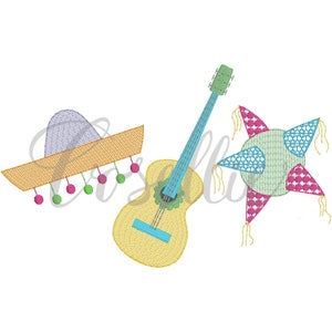 May include: A set of three colorful embroidered images of a sombrero, a guitar, and a pinata. The sombrero is brown with a purple top and pink and green tassels. The guitar is yellow with a blue neck. The pinata is a star shape with red, green, and blue stripes.